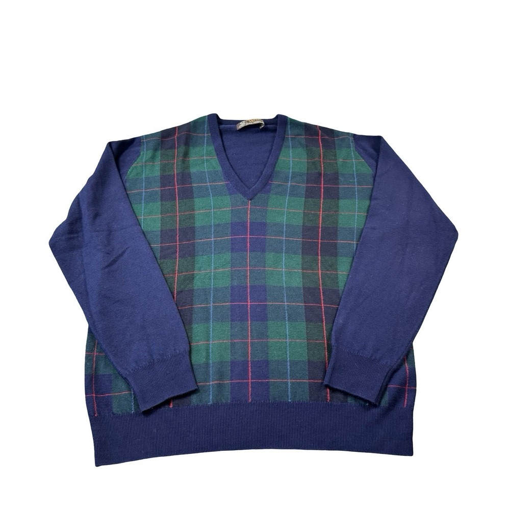 John Smedley Green Blue Tattan Extrafine Lambswool V Neck Sweater Size 42